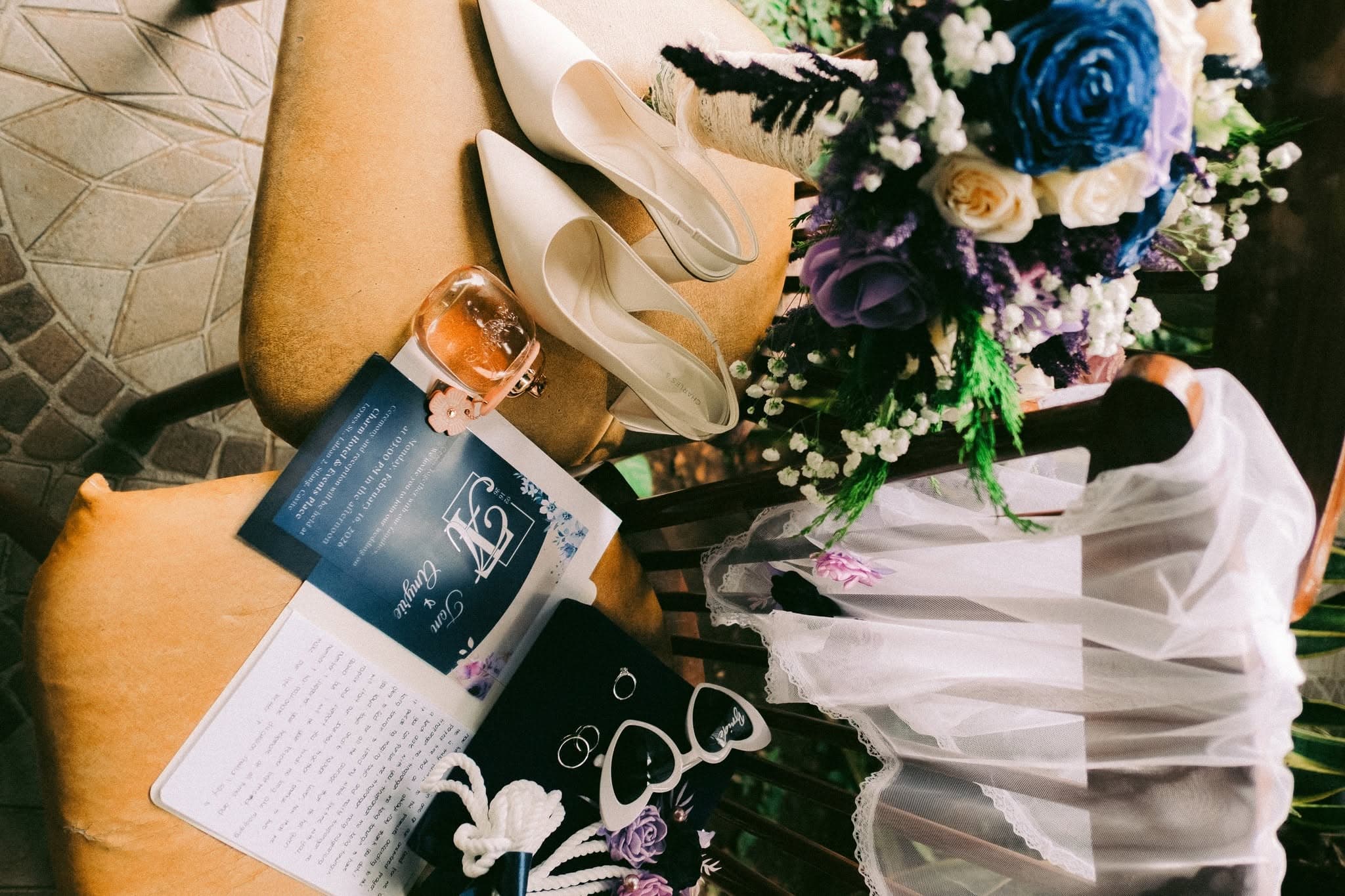 Wedding stationery and details flat lay